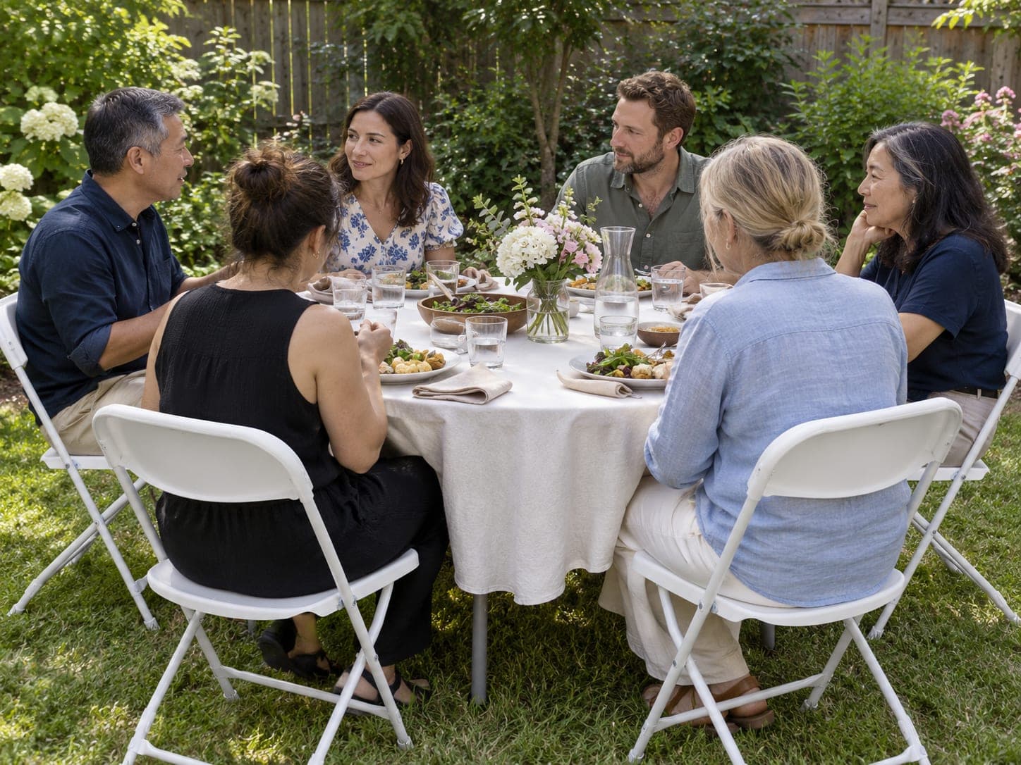 Folding tables and white folding chairs set up for a gathering in a backyard