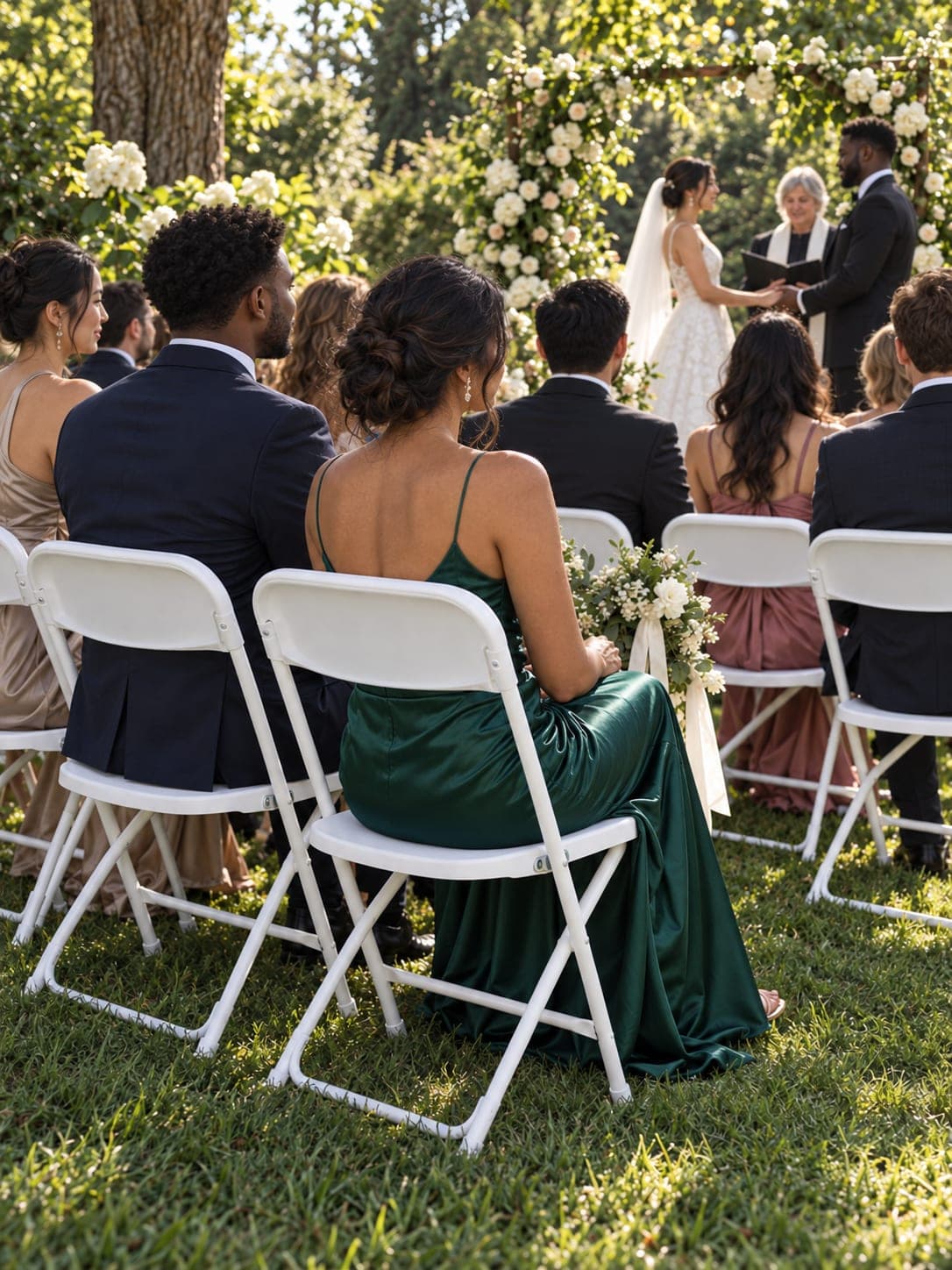Rows of white folding chairs set on a lawn for an outdoor wedding ceremony
