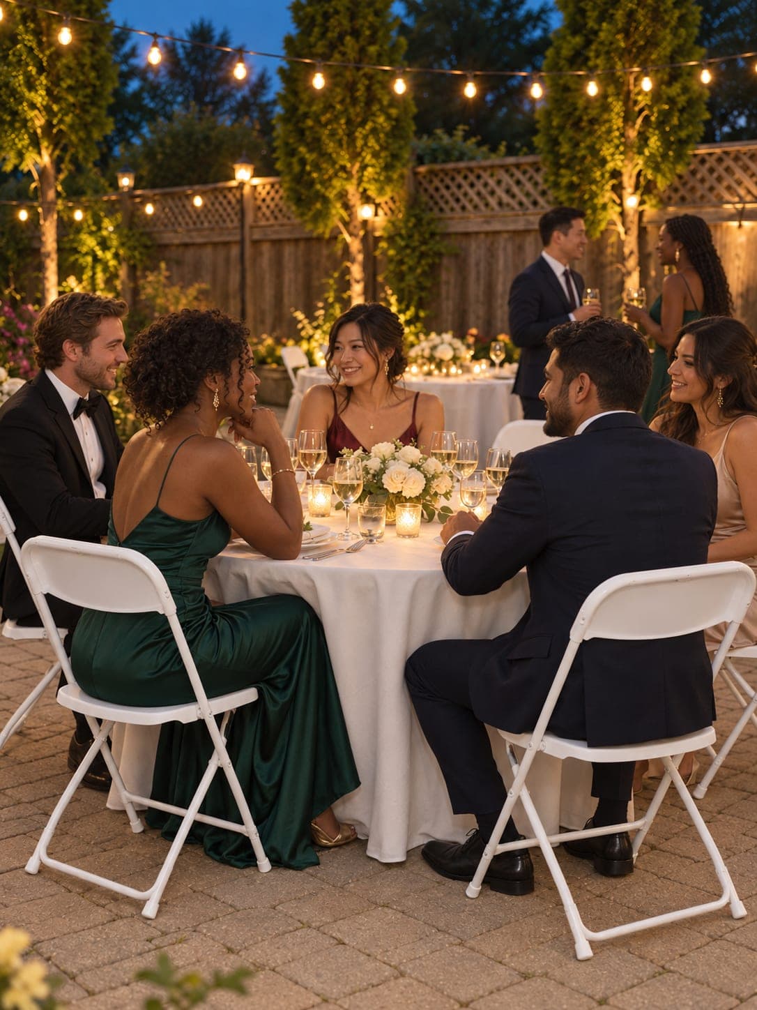 A round folding table and white folding chairs under string lights at an evening reception