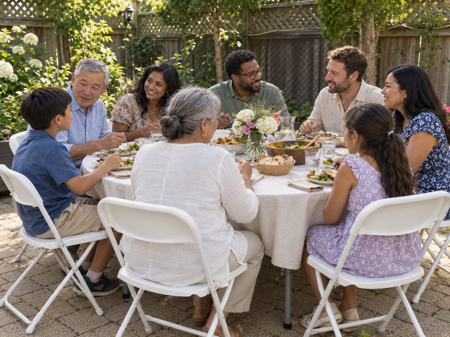 A family sharing lunch around a round folding table and white folding chairs in a backyard