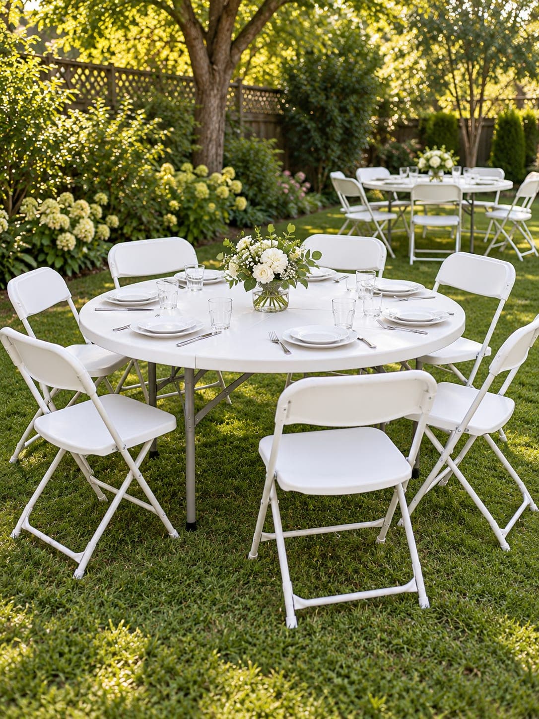 Round folding tables dressed with linen, ready for guests in a garden